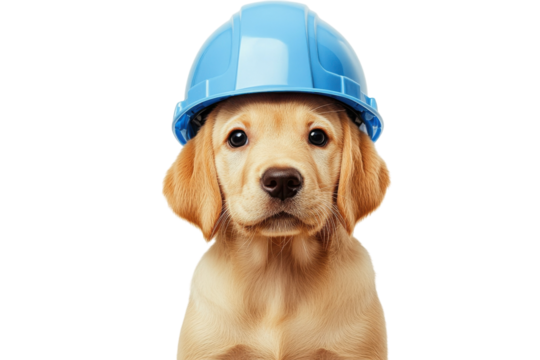 Cute puppy wearing a blue hard hat poses adorably for a playful construction-themed photoshoot