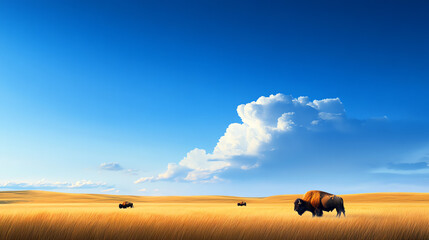 Obraz premium A serene landscape featuring bison grazing on golden grass under a clear blue sky, embodying the beauty of nature.