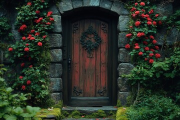 Stone door, red roses, mossy steps.
