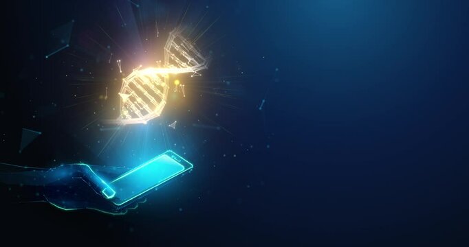 Abstract animation of DNA helix spiral cell spinning over smartphone in hand. Human genome health care and monitoring technology animated looped medical concept by wireframe mesh on blue background
