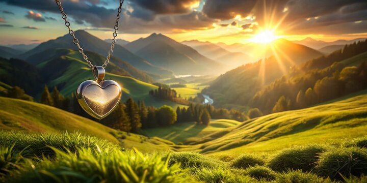 Heart Necklace Landscape Remembrance: 3D Rendered Romantic Scenic Photo