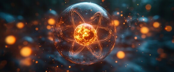 Fototapeta premium Glowing Atomic Structure in Glass Orb, Abstract Science Background