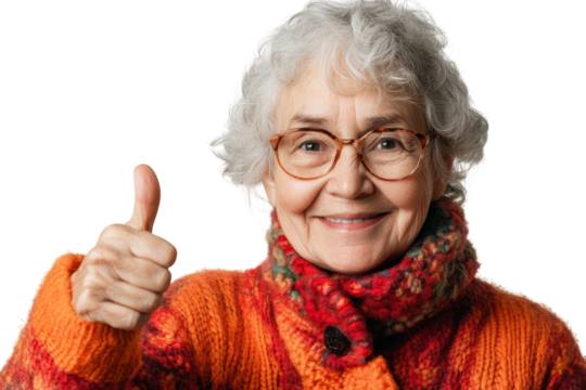 Elderly woman wearing an orange sweater gives a thumbs up while smiling brightly