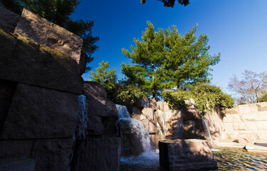 Waterfall scene from the third open-air room of the Franklin D. Roosevelt Memorial, West Potomac Park, Washington DC
