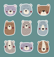 Hand drawn bears sticker set. Cute portraits of bears for stickers, cards, posters and children's clothing.