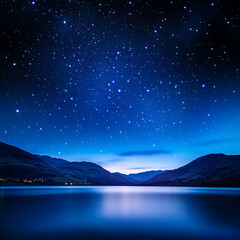 A serene night scene featuring a star-filled sky reflected on calm waters, surrounded by majestic mountains.