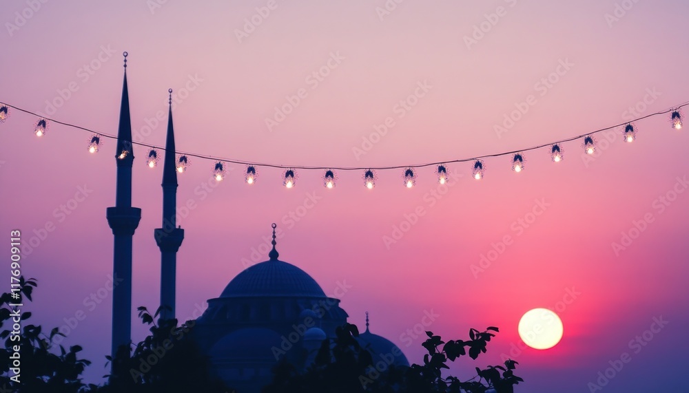 Wall mural Mosque sunset silhouette, city lights, Ramadan