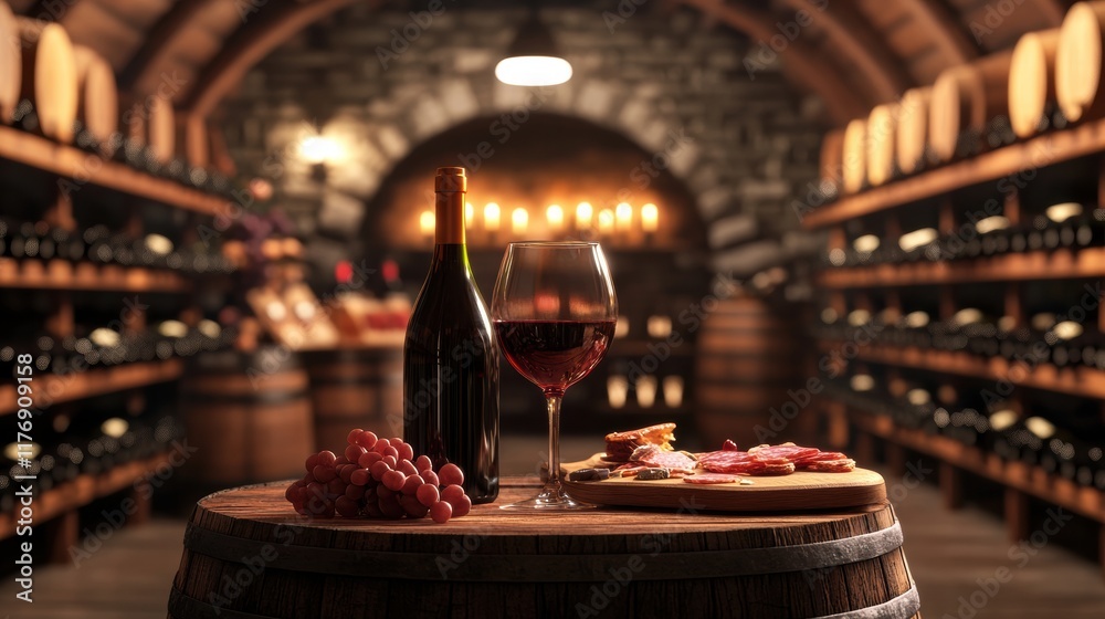 Poster elegant wine cellar featuring vintage bottles and a tasting table with red wine and charcuterie boar