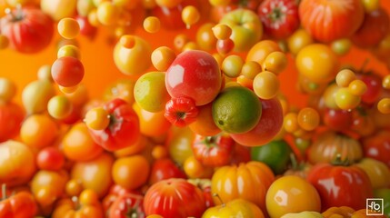 Vibrant display of fresh tropical fruits on a bright orange background for visual appeal