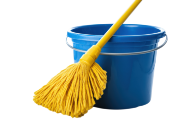 Cleaning supplies include a vibrant yellow mop and a blue bucket for effective floor care and maintenance during daily chores