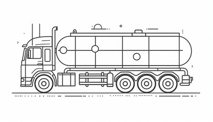 Line art illustration of a tanker truck. Ideal for transportation logistics or industrial-themed designs. Can be used for icons websites or infographics.