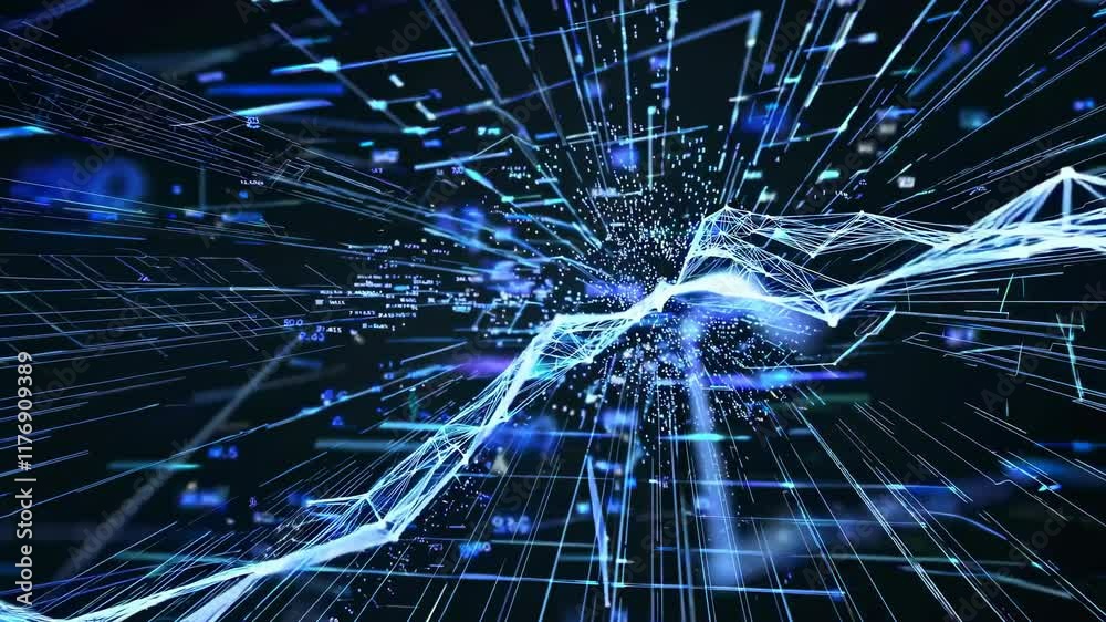 Poster exploring dynamic data visualization with vibrant blue lines and geometric patterns in a high-tech e