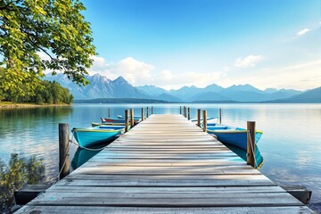 Wooden pier with boats on a serene lake, lush trees, mountains, and a clear sky. Calm and peaceful...