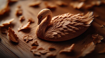 Intricate Wooden Swan Sculpture Amidst Autumn Leaves