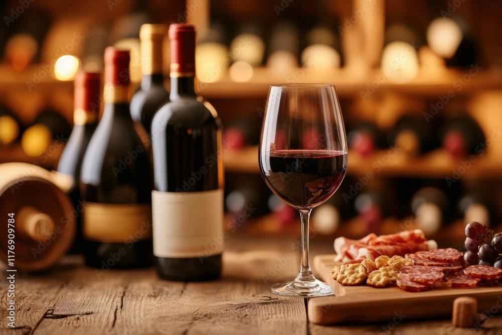 Aufkleber elegant wine cellar showcasing vintage bottles with tasting table featuring red wine and charcuterie