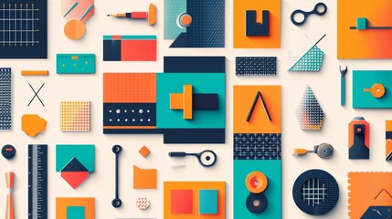 Modern crafting tools icon set, vibrant color palette with emerald orange navy crimson, simple geometric shapes, diagonal shadow effect, professional vector illustration, square canvas grid pattern