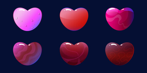 Set of six colorful glossy hearts with various textures and effects, bright details and gradients on a dark blue background. Perfect for card design, festive printing, web decor, and themed projects