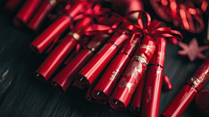 A close-up of red Chinese New Year firecrackers, tied together and displayed with other festive decorations