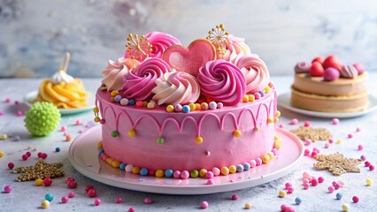 Homemade Pink Glitter Birthday Cake with Heart Sweets