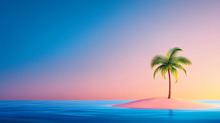 Obraz premium A serene tropical island scene featuring a single palm tree against a colorful sunset sky over calm waters.