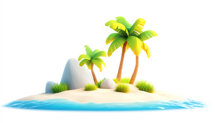 Obraz premium A serene tropical island scene featuring vibrant palm trees, rocky formations, and calm turquoise waters for relaxation.