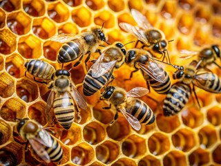 Honeycomb & Bees: Close-up of Golden Honeycomb with Busy Bees