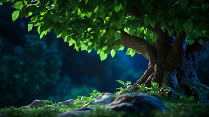 A serene view of a lush green tree illuminated by soft light in a tranquil natural setting.