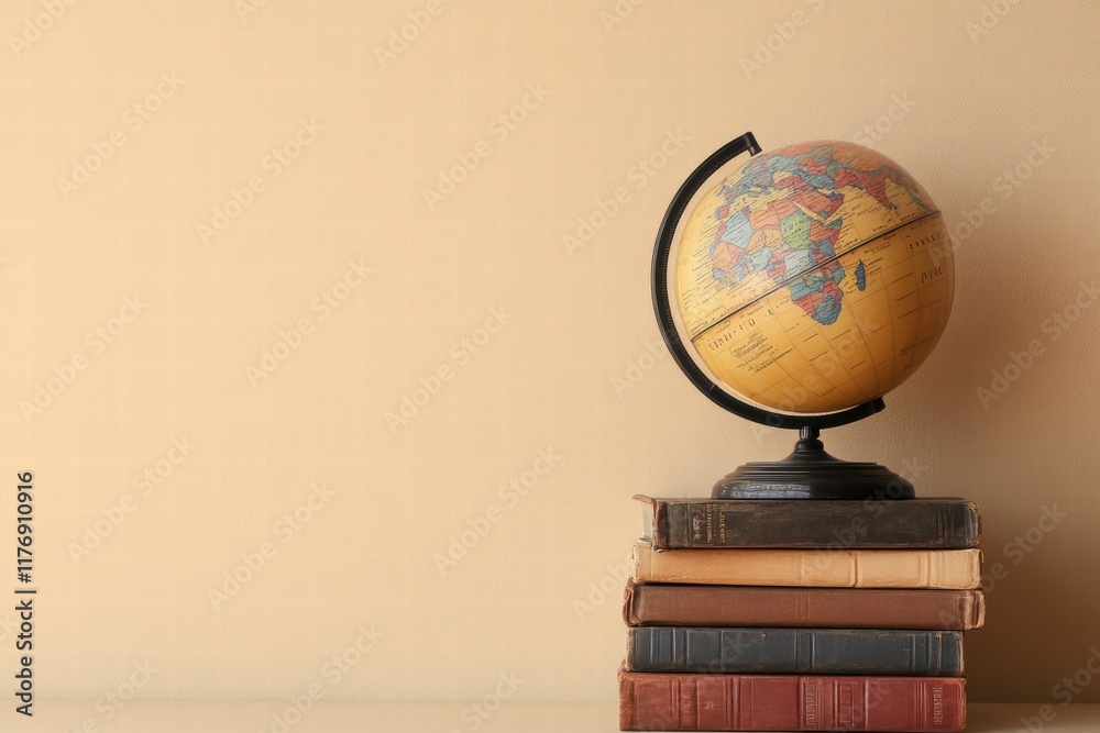 Aufkleber explore the world through a classic globe and stacked travel guides in a cozy setting for travel ins