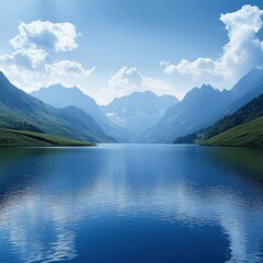 Serene mountain lake reflecting blue sky and clouds.