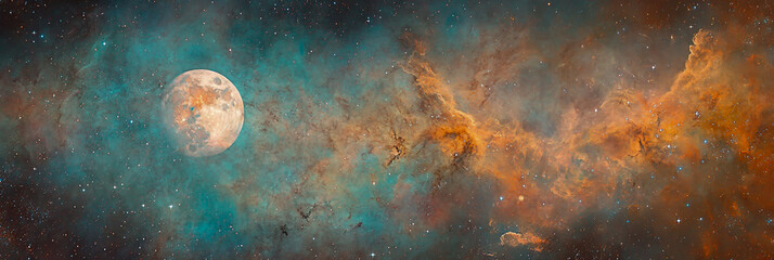 A stunning view of the nebula planet with its majestic moon and distant stars,