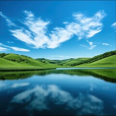 Serene lake reflecting vibrant sky and rolling green hills.