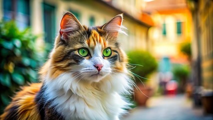 Intense Gaze: Tricolor Fluffy Cat on Bursa Street, Turkey - Documentary Style Photo