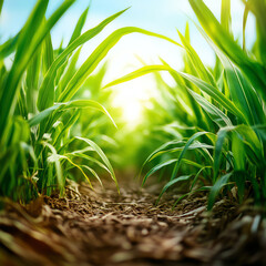 A serene view of vibrant green grass blades, creating a peaceful pathway that invites exploration under a bright, sunny sky.