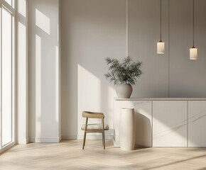 Aesthetic elegant minimalist modern interior design. Clear mock up empty wall for decoration in the apartment. Copy space in the room. Neutral palette of natural colors.