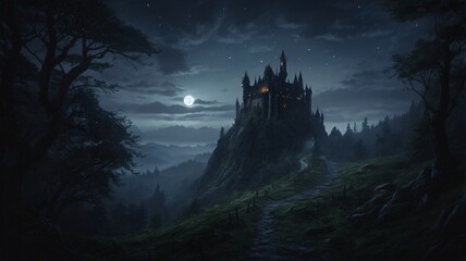 Dark, Enchanted Castle Standing at the Edge of a Jagged Cliff with a Pale Moonlight Background