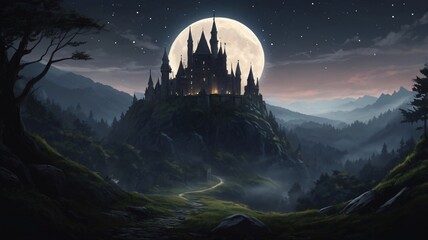 Dark, Enchanted Castle Standing at the Edge of a Jagged Cliff with a Pale Moonlight Background