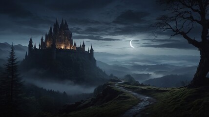 Dark, Enchanted Castle Standing at the Edge of a Jagged Cliff with a Pale Moonlight Background