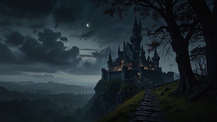 Dark, Enchanted Castle Standing at the Edge of a Jagged Cliff with a Pale Moonlight Background