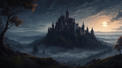 Dark, Enchanted Castle Standing at the Edge of a Jagged Cliff with a Pale Moonlight Background