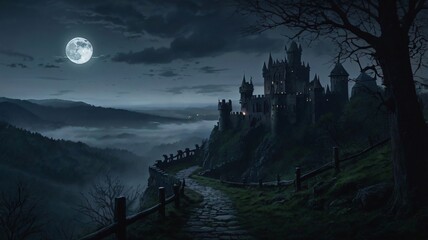Dark, Enchanted Castle Standing at the Edge of a Jagged Cliff with a Pale Moonlight Background