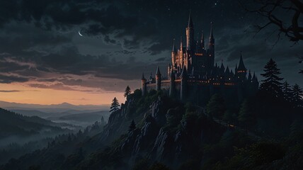 Dark, Enchanted Castle Standing at the Edge of a Jagged Cliff with a Pale Moonlight Background