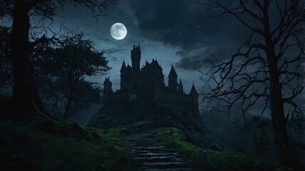 Dark, Enchanted Castle Standing at the Edge of a Jagged Cliff with a Pale Moonlight Background