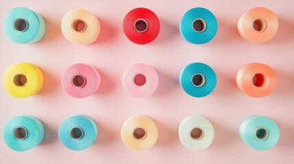Fototapeta premium Organized sewing thread collection, emerald green, powder blue, coral pink, marigold yellow spools, geometric grid arrangement, pastel lilac background, flat lay photography, crafting supplies, clean
