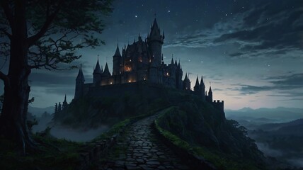Dark, Enchanted Castle Standing at the Edge of a Jagged Cliff with a Pale Moonlight Background