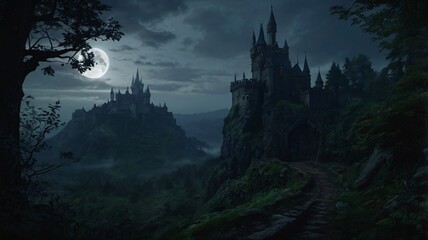 Dark, Enchanted Castle Standing at the Edge of a Jagged Cliff with a Pale Moonlight Background