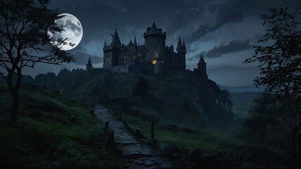Dark, Enchanted Castle Standing at the Edge of a Jagged Cliff with a Pale Moonlight Background