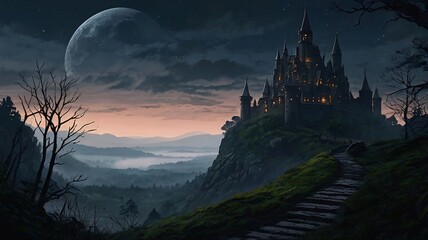 Dark, Enchanted Castle Standing at the Edge of a Jagged Cliff with a Pale Moonlight Background