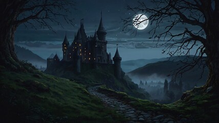 Dark, Enchanted Castle Standing at the Edge of a Jagged Cliff with a Pale Moonlight Background