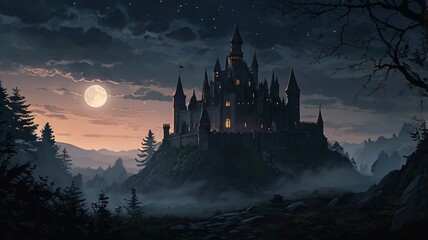 Dark, Enchanted Castle Standing at the Edge of a Jagged Cliff with a Pale Moonlight Background