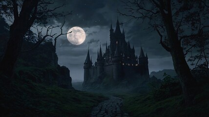 Dark, Enchanted Castle Standing at the Edge of a Jagged Cliff with a Pale Moonlight Background
